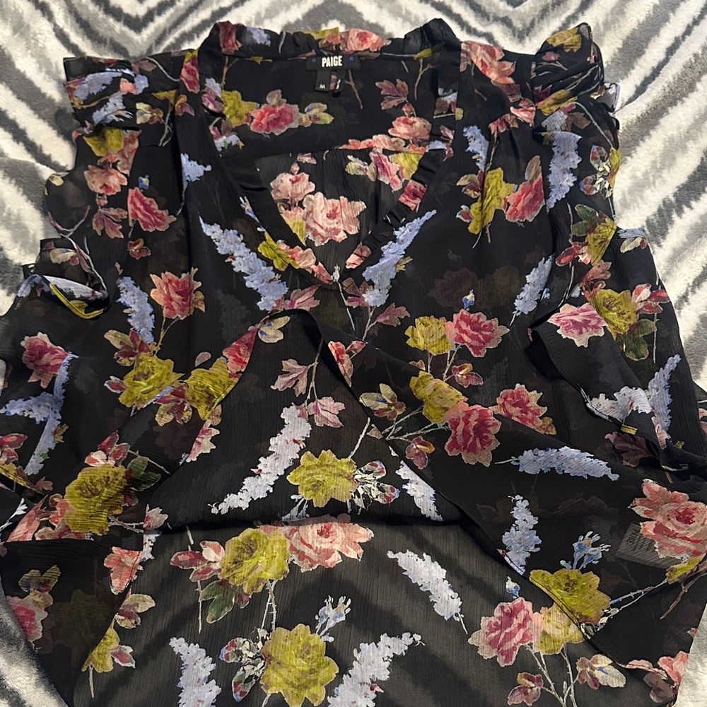 PAIGE Black Floral V-Neck Ruffle Sleeve Blouse - Picture 5 of 5